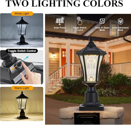 2 Pack Solar Post Lights with Pier Mount Base with Dusk to Dawn Sensor, Outdoor Pillar Lights with Toggle Switch Control, Waterproof Exterior Pole Lamps Head for Driveway, Patio, Garden, Black