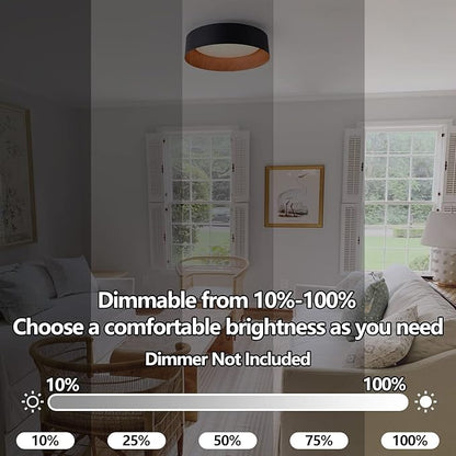 Bargeni Flush Mount Ceiling Light,13 inch Ceiling Light Fixtures,Matte Black with Wood Accent,3000K/Warm White/18W(100w Equiv.),Dimmable LED Lighting Fixtures Ceiling for Kitchen,Outdoor