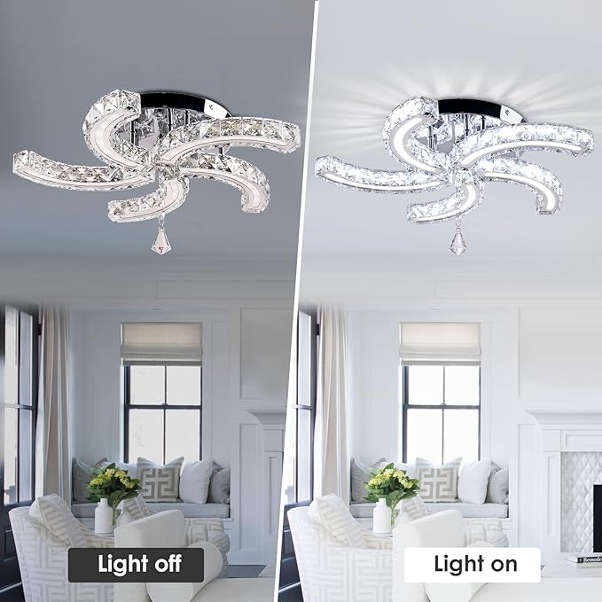 Modern Crystal Chandeliers Acrylic Crystal Led Ceiling Light Fixtures Arm Pendant Lighting Stainless Steel Ceiling Lamp Hanging Lights for Living Room Dining Room Bedroom (Cold White)
