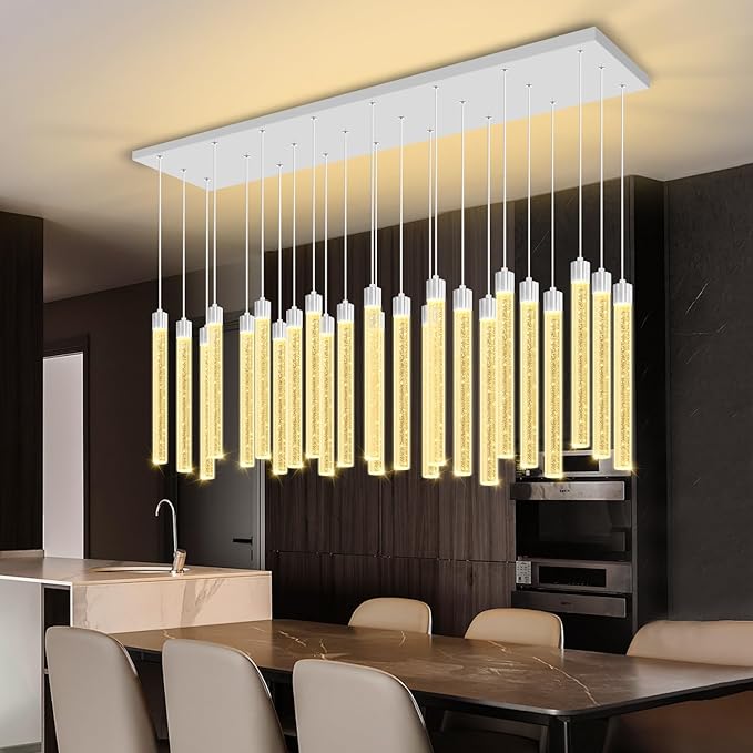 Modern Rectangular Crystal Chandeliers LED Dimmable Crystal Column Chandelier Living Room Foyer Crystals Pendant Light for Dining Room Adjustable Height 24-Light Silver