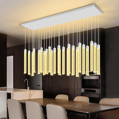 Modern Rectangular Crystal Chandeliers LED Dimmable Crystal Column Chandelier Living Room Foyer Crystals Pendant Light for Dining Room Adjustable Height 24-Light Silver