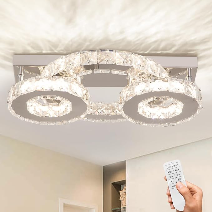 Dimmable Crystal Chandelier Modern Crystal Ceiling Light 3 Rings LED Flush Mount Celiling Light Fixture for Dining Room Bedroom Living Room