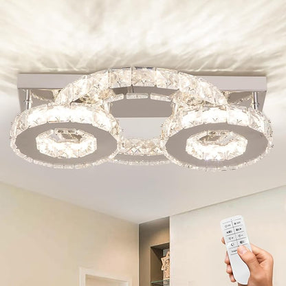 Dimmable Crystal Chandelier Modern Crystal Ceiling Light 3 Rings LED Flush Mount Celiling Light Fixture for Dining Room Bedroom Living Room