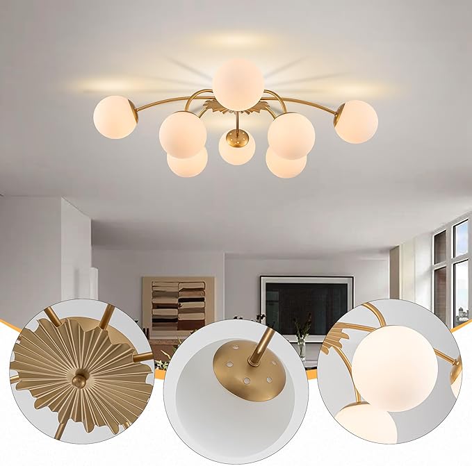 Longree 8-Light Blossom Milk Glass Flush Mount Ceiling Lights Gold and White Sputnik Chandelier, Opal Glass Bubble Starburst Light Fixture for Dining Bedroom Living Entry