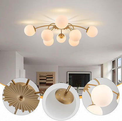 Longree 8-Light Blossom Milk Glass Flush Mount Ceiling Lights Gold and White Sputnik Chandelier, Opal Glass Bubble Starburst Light Fixture for Dining Bedroom Living Entry