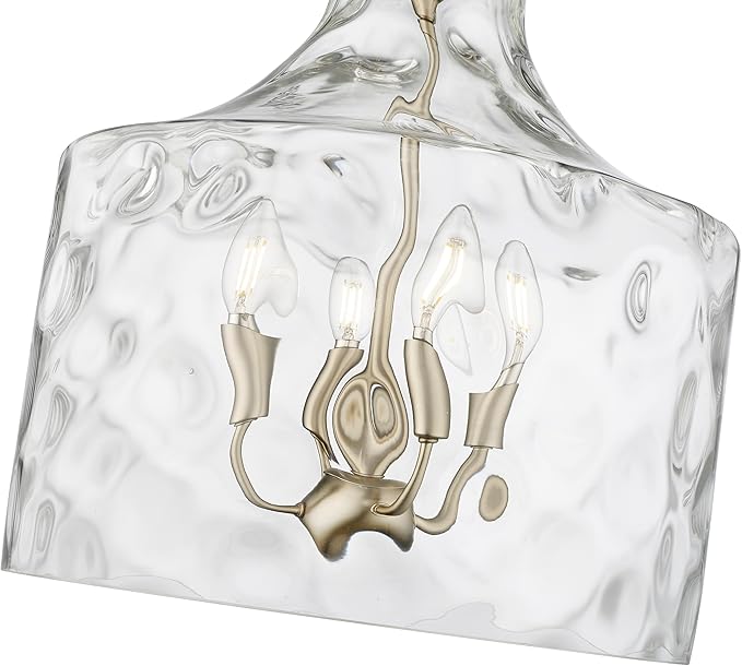 ML Lighting | Santorini Collection | 22604-MG | Indoor 4 Light Metal Pendant in Modern Gold with Water Glass Shade | Kitchens, Dining Rooms, Living Rooms, Entryways, Hallways