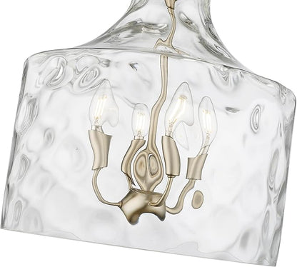 ML Lighting | Santorini Collection | 22604-MG | Indoor 4 Light Metal Pendant in Modern Gold with Water Glass Shade | Kitchens, Dining Rooms, Living Rooms, Entryways, Hallways