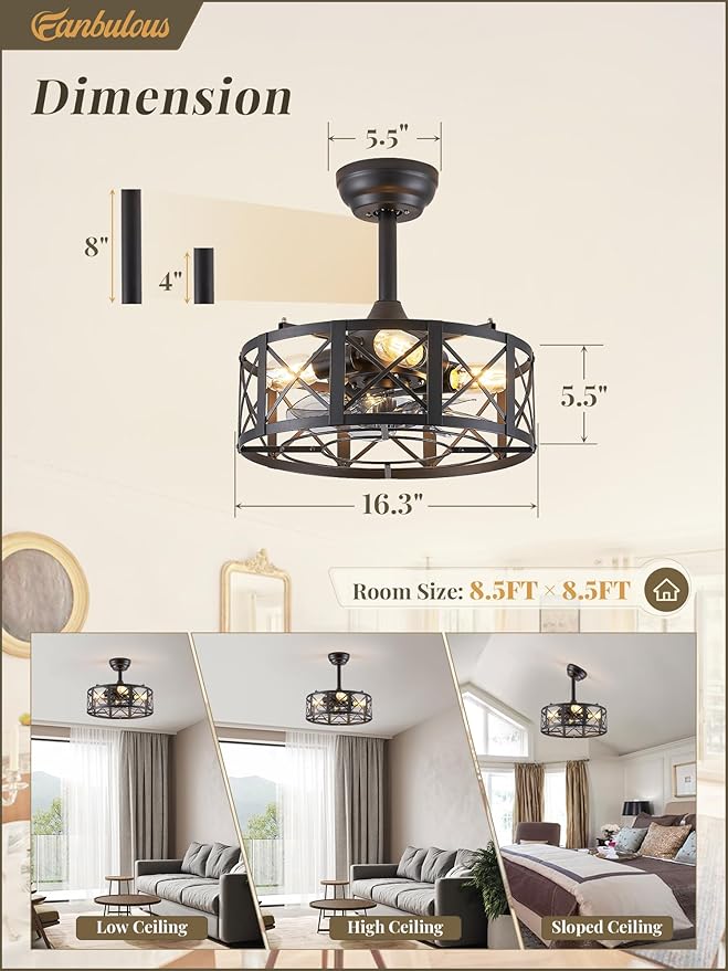 Fanbulous 16in Black Fandelier Ceiling Fans with Lights and Remote, Caged Enclosed Farmhouse Ceiling Fan with 6 Speeds and Timing, Small Bladeless Chandelier Fan Lights Ceiling Fixtures-Black
