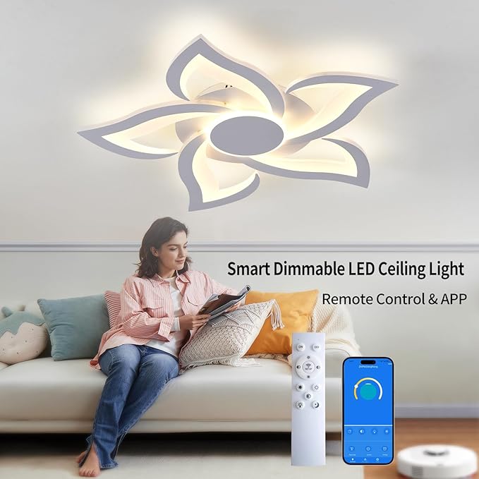 24" Modern Geometric Ceiling Light Fixture, White Dimmable 3 Colors LED Close to Ceiling Light Fixtures with Remote, Low Profile Flush Mount Ceiling Light for Kitchen, Living Room