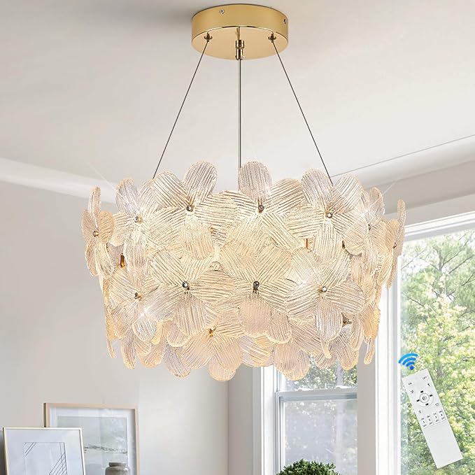 Flower Elegant Crystal LED Chandelier D20’’ Brushed Gold Contemporary for Dining Room Dimmable Flush Mount High Ceiling Chandeliers with Remote Control for Entryway Bedroom(3000K-6500K)