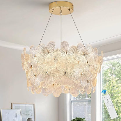 Flower Elegant Crystal LED Chandelier D20’’ Brushed Gold Contemporary for Dining Room Dimmable Flush Mount High Ceiling Chandeliers with Remote Control for Entryway Bedroom(3000K-6500K)