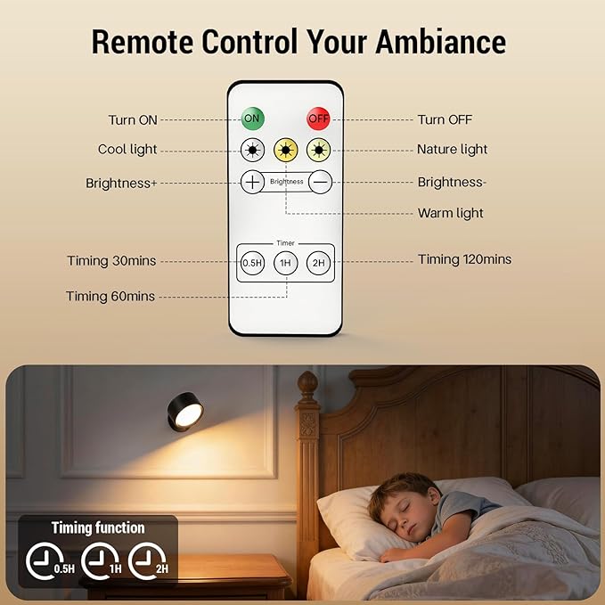 Battery Operated Wall Sconce, Remote Control, Wireless Rechargeable Mounted, 3 Color & 4 Brightness Level & 360°Rotate, Adhesive Lights for Wall Closet Hallway Reading (Black,Set of 2)