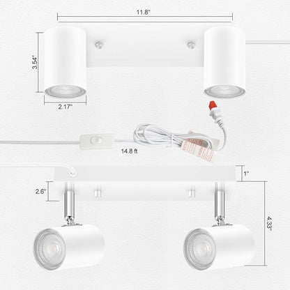 AUQUEE 2 Light Track Lighting Kit,White 2 Way Flexible Plug in Ceiling Spotlight,Industrial LED Wall Light for Kitchen Cabinet Gallery Bar Hallway Living Room,Rocker Switch,15 ft Cord(No Bulb)