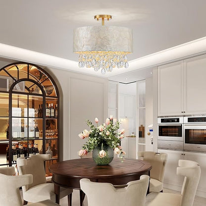 LumFurn 4-Light Drum Capiz Shell Crystal Chandeliers, Coastal Design Semi-Flushmount Ceiling Light Fixture for Dining Room, Bedroom, D16xH16 inch, Shell Lampshade & Gold Finish