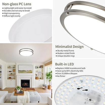 13Inch 36W Ceiling Light Fixtures 2 Packs, 5CCT LED Flush Mount Ceiling Mount Lights 2700K 3000K 4000K 5000K 6500K, Dimmable Close to Ceiling Lighting for Bathroom Kitchen Stairwell Bedroom, Nickel