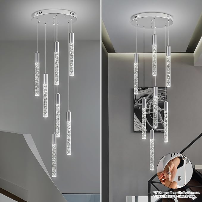 Modern High Ceiling Crystal Chandelier 7-Lights, Spiral LED Raindrop Foyer Pendant Lighting, Bubble Staircase Living Room Hanging Light Fixture Flush Mount Chrome