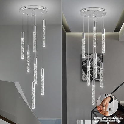 Modern High Ceiling Crystal Chandelier 7-Lights, Spiral LED Raindrop Foyer Pendant Lighting, Bubble Staircase Living Room Hanging Light Fixture Flush Mount Chrome