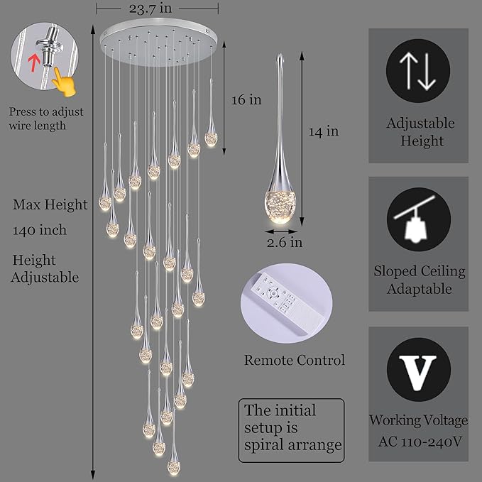 Modern Crystal Staircase Chandelier Polished Chrome 24-Lights, H138'' Large High Ceiling Spiral Dimmable LED Raindrop Foyer Entryway Light Fixture Remote Control
