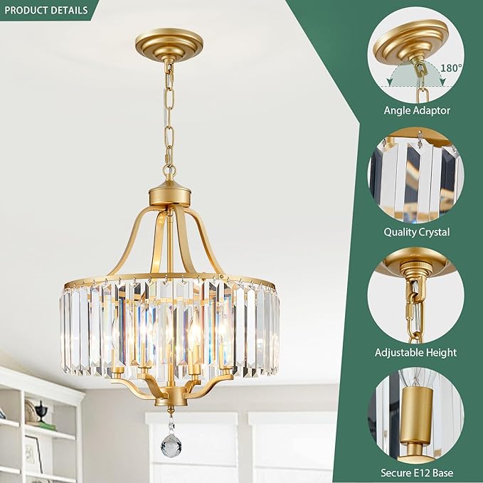 Crystal Chandelier - Rustic Gold Pendant Light - 15.7 Inch Diameter Height Adjustable Modern Ceiling Light - Ideal for Dining Rooms, Kitchens, Living Rooms