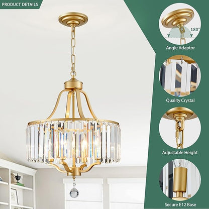 Crystal Chandelier - Rustic Gold Pendant Light - 15.7 Inch Diameter Height Adjustable Modern Ceiling Light - Ideal for Dining Rooms, Kitchens, Living Rooms