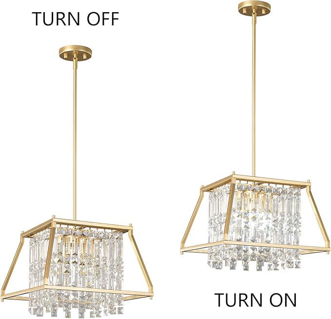 LMQNINE Farmhouse Chandelier - Gold Metal Crystal Pendant Light for Kitchen, Dining Room, Living Room - Flat and Inclined Ceiling (Trapezoid -15.74in)
