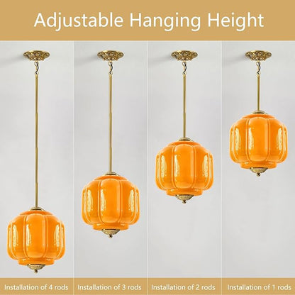 Milk Glass Pendant Light, 10 Inch Yellow Semi Flush Mount Ceiling Light, Vintage Glass Shade Chandelier With Dimmable E26 Base, Adjustable Hanging Rod, Pendant Light for Bedroom, Hallway, Dining Room