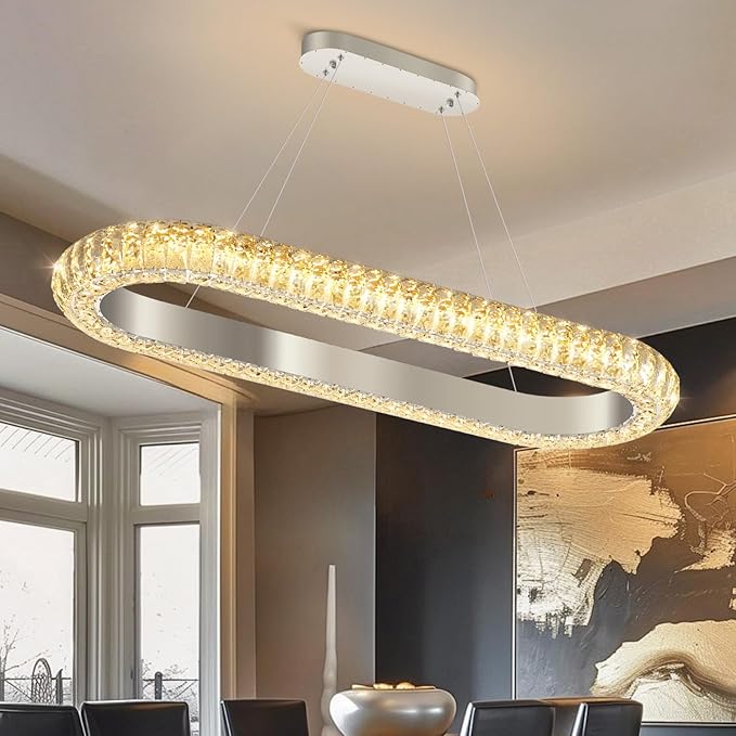 32'' Oval Ring Crystal Chandelier Modern LED Dimmable Ring Pendant Light Chandelier for Dining Room Living Room Silver