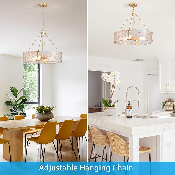 XINGQI 20.7“ Glass Gold Chandeliers for Dining Room, Drum 4-Light Over Table Hanging Pendant Lighting for Hight Ceiling Living Room Kitchen Island Bedroom Office