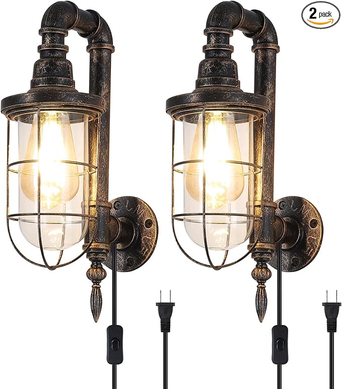 Industrial Plug in Wall Sconce E26 Edison Antique Wall Lights with 5.9Ft Plug in Cord On Off Switch Rustic Wall Sconces Lighting Fixture for Headboard Bedroom Porch Hallway 2 Pack