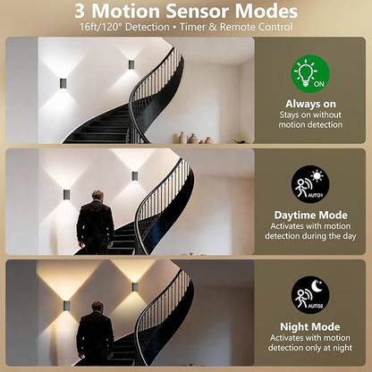 Motion Sensor Wireless Wall Sconce Set of 2 - Battery Operated Wall Light with Timer&Remote Control, 3 Color Temp & Brightness Adjustable 6000mAh Rechargeable for Stairs Bedroom Living Room, Black