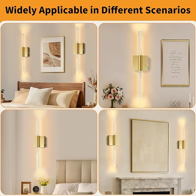 28” Battery Operated Wall Sconces Set of 2, 8000mAh Rechargeable Battery Powered Wall Light with No Hardwired, Extra Large Dimmable Led Lamp Fixtures for Bathroom Cabinet Study Room, Gold