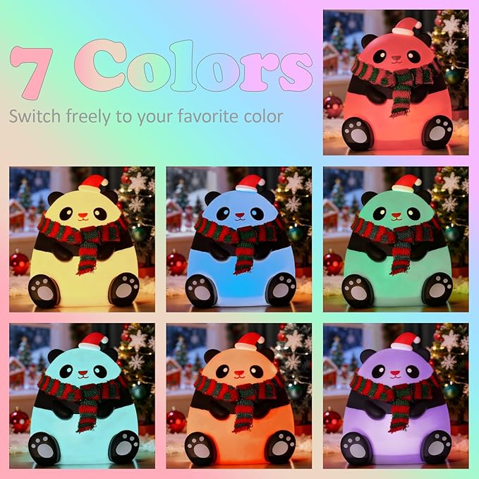 Christmas Silicone Night Light for Kids, 7-Color Cute Panda Night Light, 3-Level Dimmable Bedside Lamp with 30/60min Timer, LED Rechargeable Lamp for Toddler Boys Girls Holiday Christmas Decor (Panda)