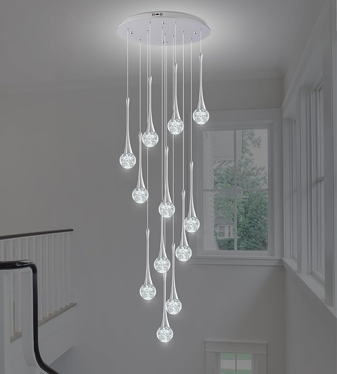 Modern Crystal Staircase Chandelier for High Ceilings, Glam LED Dimmable Pendant Light Living Room Entryway Foyer Chandelier Lighting Fixture Chrome 12-Lights
