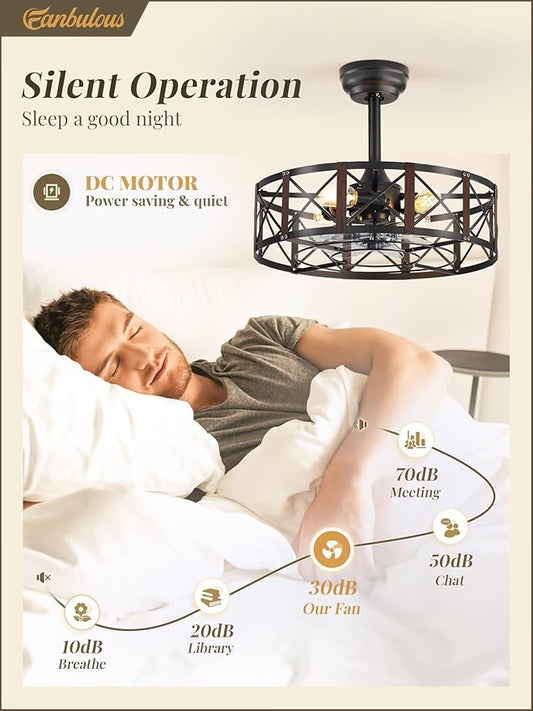 Fanbulous 20 Inch Fandelier Caged Ceiling Fans with Lights and Remote, Black Bladeless Ceiling Fan with 6 Speeds and Timing, Farmhouse Samll Fan Lights Ceiling Fixtures for Kitchen, Bedroom-Walnut