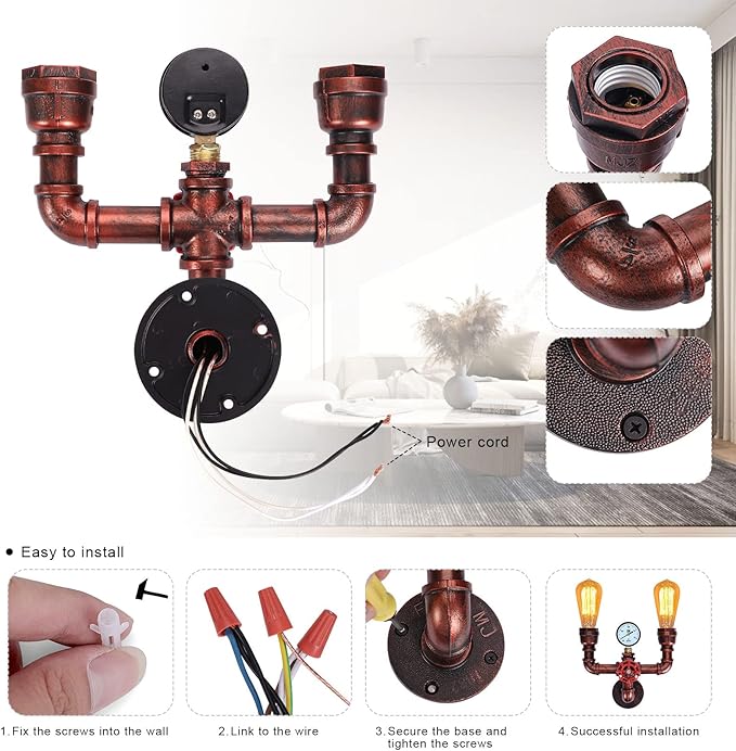 XEYOU Retro Wall lamp Vintage Industrial Steampunk Wall Sconce 2 Lights Metal Water Pipe Wall Mounted Light Fixture E26 Edison Bulb for Cafe Bar Restaurant Bedroom Livingroom
