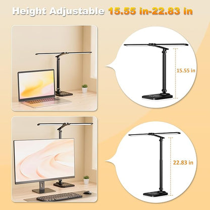 CHARYJOD LED Desk Lamp for Office Home, Height Adjustable Architect Desk Light with USB Adapter, Stepless Dimming Desk Lamp Light for Reading, Study, Workbench