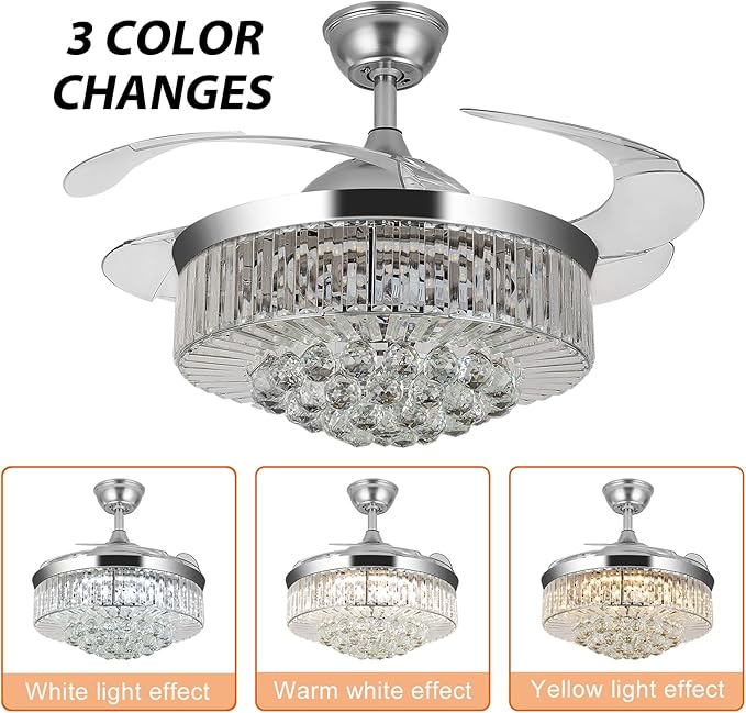 WWahuayuan 36" Chandelier Ceiling Fan Light, Modern Retractable Invisible Ceiling Fan Light Remote Control 4 Retractable ABS Blades for Bedroom Living Room Dining Room Decoration