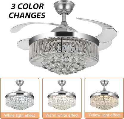 WWahuayuan 36" Chandelier Ceiling Fan Light, Modern Retractable Invisible Ceiling Fan Light Remote Control 4 Retractable ABS Blades for Bedroom Living Room Dining Room Decoration