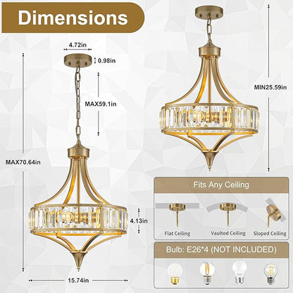 Gold Vintage Chandeliers for Dining Room, 15.7" Modern Crystal Round Pendant Lights Kitchen Island Over Table,4-Light Foyer Chandelier for Entryway Bathroom Bedroom Living Room