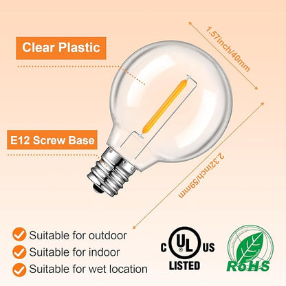 GvvooHome 25 Pack G40 LED Replacement Light Bulbs, Waterproof Clear Globe Light Bulb E12 Screw Base for Outdoor String Lights, Patio Cafe Décor, Dimmable, Warm White