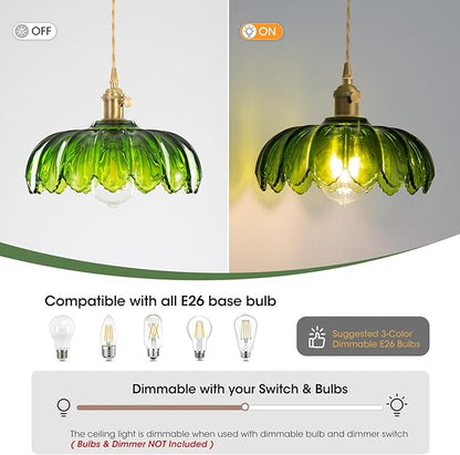 Glass Pendant Light Vintage Light Fixtures, Glass Pendant Lights Kitchen Island, Adjustable Hanging Light for Kitchen Island Dining Room Hallway (Hardwired gree)