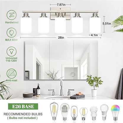 MOKATNG 5-Light Vanity Light with Milky White Shades, Brushed Nickle Bathroom Lighting Fixtures Over Mirror, Modern Bathroom Wall Lamp for Mirror Living Room Cabinet Bedroom