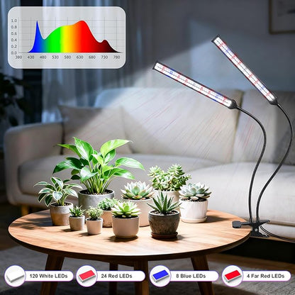 Indoor Clip-on Plant Growth Light, Full Spectrum Grow Light with 156 LEDs, Flexible Gooseneck and 4/8/12H Timer, 3 Spectral Modes, 10 Levels of Dimming, Suitable for Seedlings and Succulent Seeds