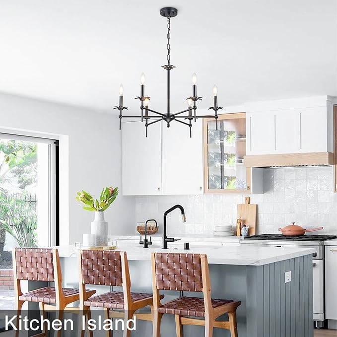 6-Light Black Farmhouse Chandelier 29in Modern Matte Candle Light Fixture Industrial Hanging Ceiling Lighting for Dining Room Over Table Kitchen Island Living Room Bedroom Foyer Entryway