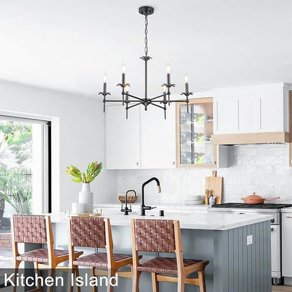 6-Light Black Farmhouse Chandelier 29in Modern Matte Candle Light Fixture Industrial Hanging Ceiling Lighting for Dining Room Over Table Kitchen Island Living Room Bedroom Foyer Entryway