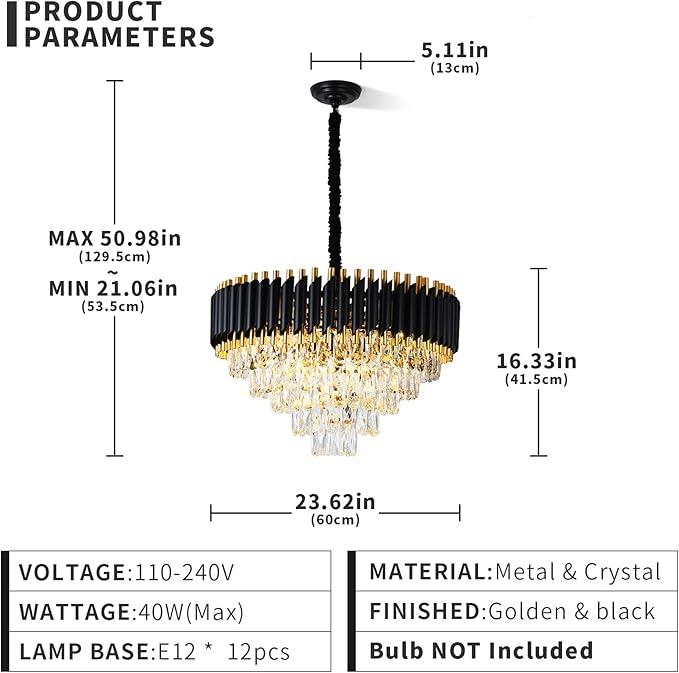 Gold Crystal Chandelier Contemporary, 24" Modern Living Room Chandeliers, K9 Crystal Ceiling Lights Fixtures, Round 5 Tiers Pendant Lighting Chandelier Black for Entryway Dining Room Staircase