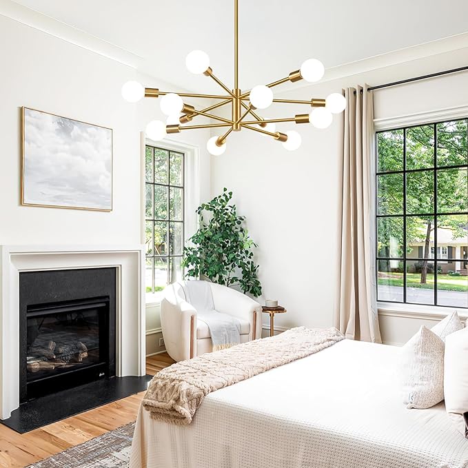 33" Modern Chandelier Ceiling Light Fixture, 12-Light Sputnik Chandeliers Brushed Gold Mid Century Chandelier Over Table, Height Adjustable Chandeliers for Dining Room Living Room (Bulbs Not Included)