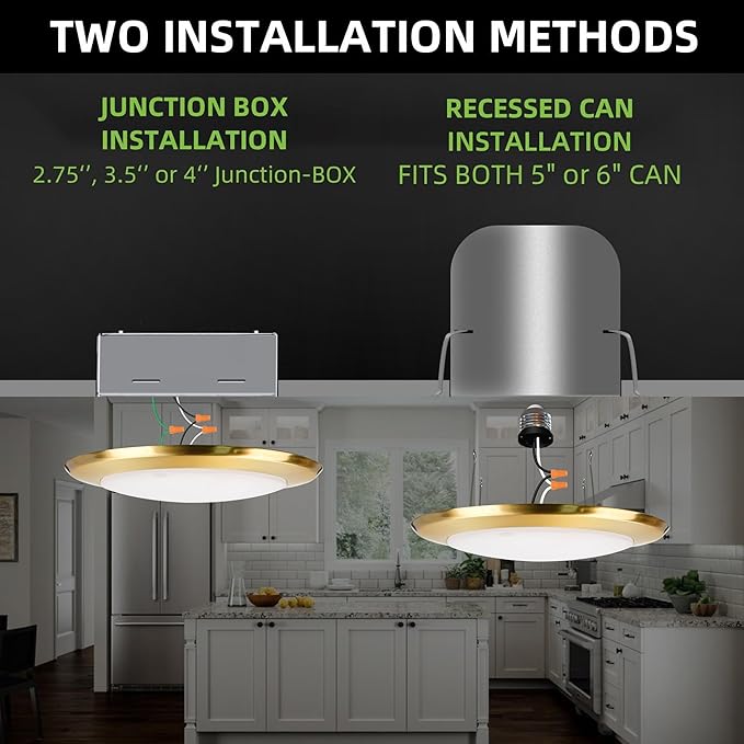 hykolity 5/6 Inch Selectable CCT LED Disk Light Flush Mount, 3000K/4000K/5000K, Dimmable Recessed Retrofit Ceiling Light, CRI90, 1050lm, 15W, Installs Into Junction Box or Recessed Can, Gold, 12 Pack