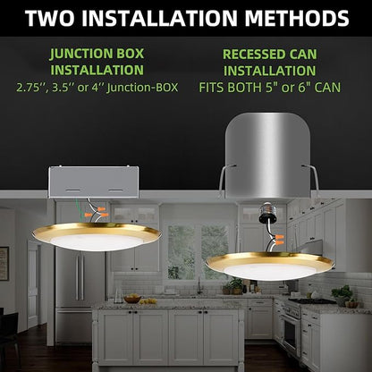 hykolity 5/6 Inch Selectable CCT LED Disk Light Flush Mount, 3000K/4000K/5000K, Dimmable Recessed Retrofit Ceiling Light, CRI90, 1050lm, 15W, Installs Into Junction Box or Recessed Can, Gold, 12 Pack