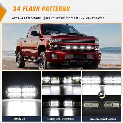 Nilight 4PCS 24LED Emergency Strobe lights 12V 24V White Surface Mount Grille Hazard Safety Warning Light Sync Feature Side Flashing Marker Flash for Car Truck Campers
